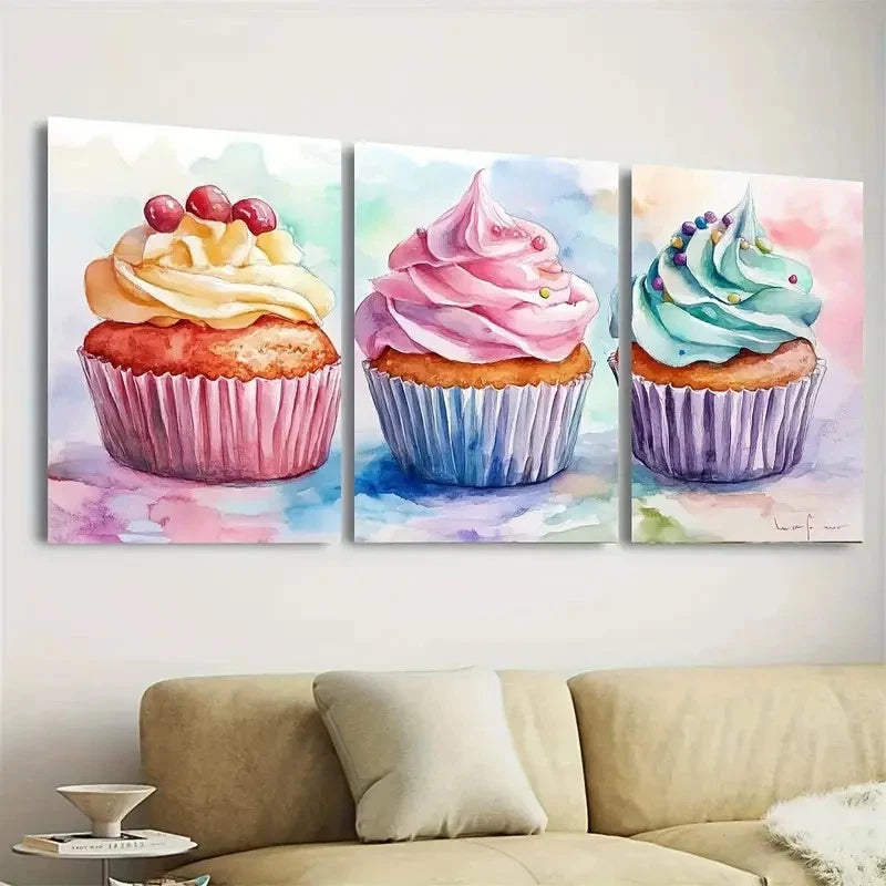 3pcs Watercolor Cupcake Wall Art Set Canvas Framed 40x60cm - High Quality Print 100% Australian Made Wall Canvas Ready to Hang
