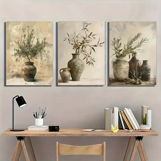 3pcs Vintage Olive Branch Wall Art Set Canvas Framed 50x70cm - High Quality Print 100% Australian Made Wall Canvas Ready to Hang