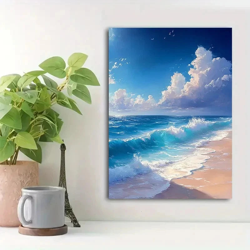 Beautiful Blue Sky and Clouds Ocean Painting 40x60cm Metal Print Ready to Hang