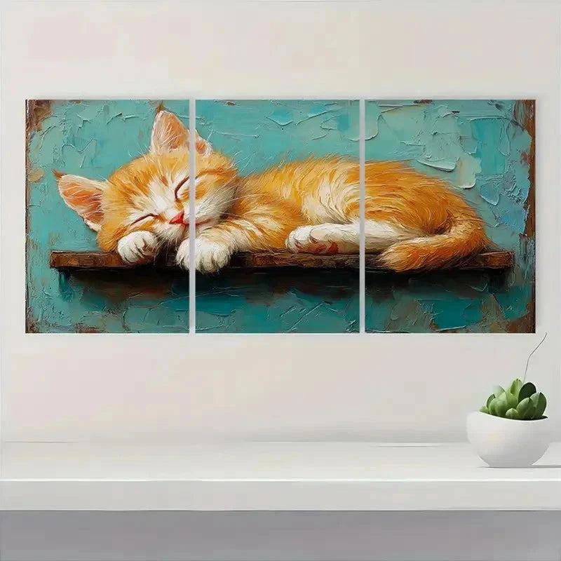 3pcs Orange Kitten Stretching Animal Perfect Wall Art Set Canvas Framed 50x70cm - High Quality Print 100% Australian Made Wall Canvas Ready to Hang