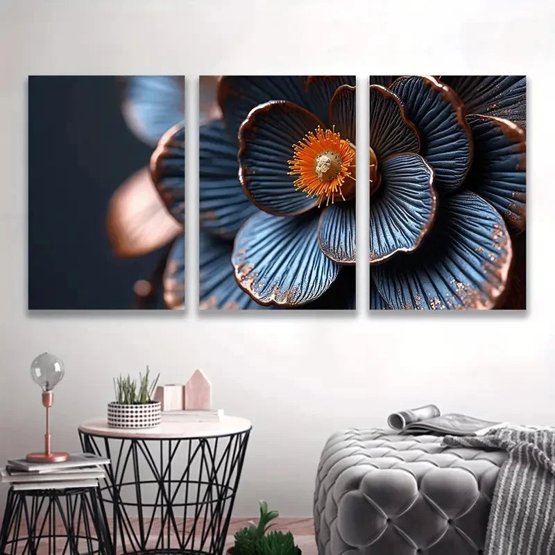 3pcs Metallic Blue Flower With Orange Center  Wal1l Art Set Canvas Framed 40x60cm - High Quality Print 100% Australian Made Wall Canvas Ready to Hang