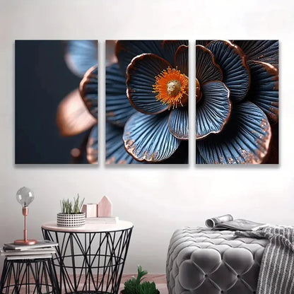 3pcs Metallic Blue Flower With Orange Center  Wal1l Art Set Canvas Framed 40x60cm - High Quality Print 100% Australian Made Wall Canvas Ready to Hang