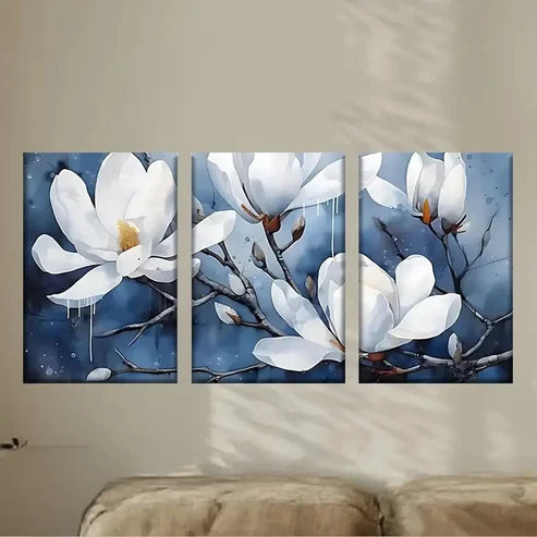 3pcs a painting of white flowers on a blue  Wall Art Set Canvas Unframed - High Quality Print 100% Australian Made Wall Canvas - Bella Home Decor