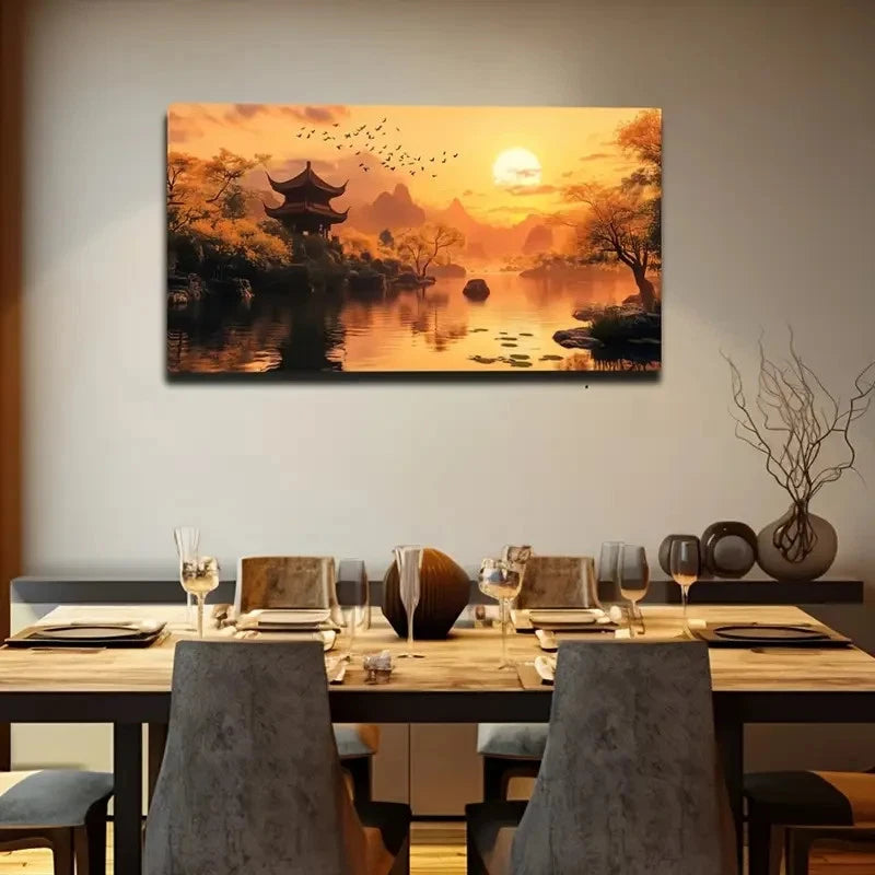 Vintage Pagoda Lake Pastoral Wall Art Canvas Office Home Room Framed 120x60cm