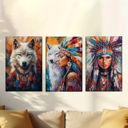 3pcs  White Wolves & Native American Women  Wall Art Set Canvas Framed 50x70cm - High Quality Print 100% Australian Made Wall Canvas Ready to Hang - Bella Home Decor