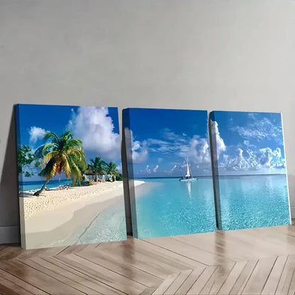 3pcs Blue Crystal Clear Sea & White Sandy  Wall Art Set Canvas Unframed - High Quality Print 100% Australian Made Wall Canvas - Bella Home Decor