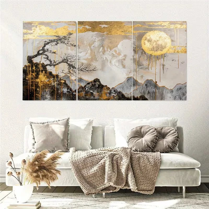 3pcs Abstract Golden Mountain Tree Wall Art Set Canvas Framed 50x70cm - High Quality Print 100% Australian Made Wall Canvas Ready to Hang - Bella Home Decor