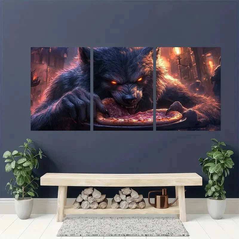 3pcs Wolf Devouring Pizza Horror & Humor Metal Print Ready to Hang Art - Bella Home Decor
