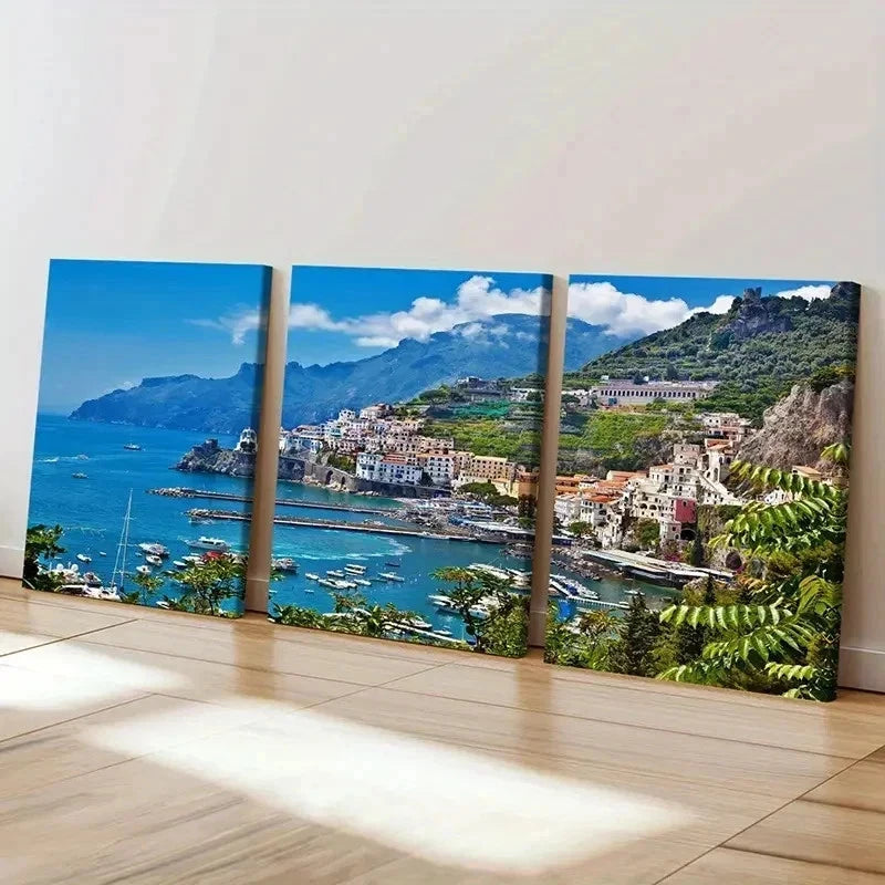 3pcs Seaside City Coastline Sea Scenery Wall Art Set Canvas Framed 50x70cm - High Quality Print 100% Australian Made Wall Canvas Ready to Hang