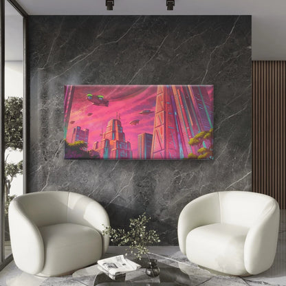 Retro Futuristic Cityscape Wall Art Canvas Office Home Room Framed 120x60cm
