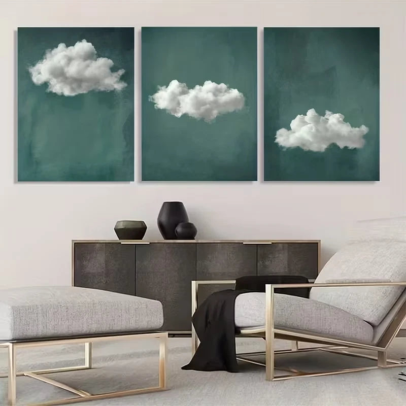 3pcs Depicting Green & Clouds  Wall Art Set Canvas Framed 40x60cm - High Quality Print 100% Australian Made Wall Canvas Ready to Hang - Bella Home Decor