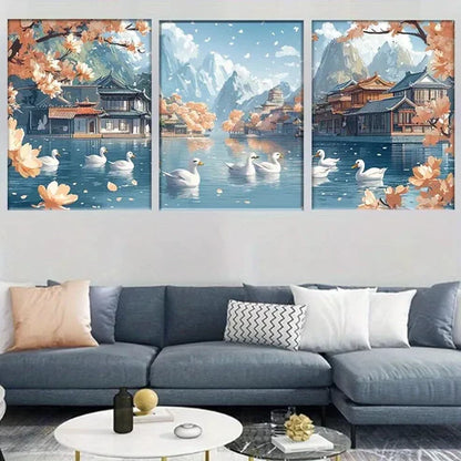 3pcs Colorful Tranquil River with Swans Canvas Wall Art Canvas Unframed - High Quality Print 100% Australian Made Wall Canvas - Bella Home Decor
