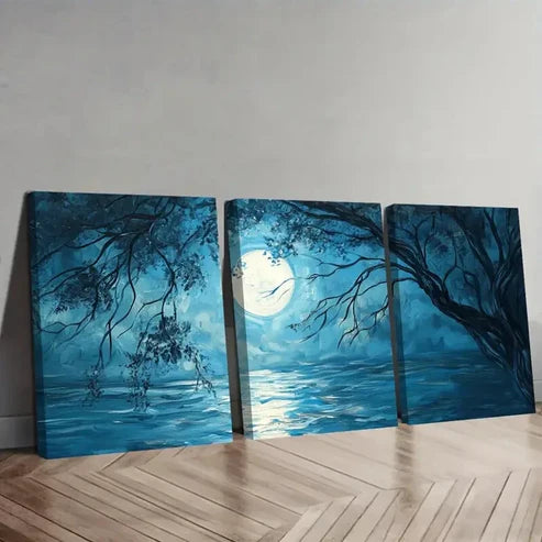 3pcs Blue Landscape with Full Moon & Trees Wall Art Set Canvas Unframed - High Quality Print 100% Australian Made Wall Canvas - Bella Home Decor