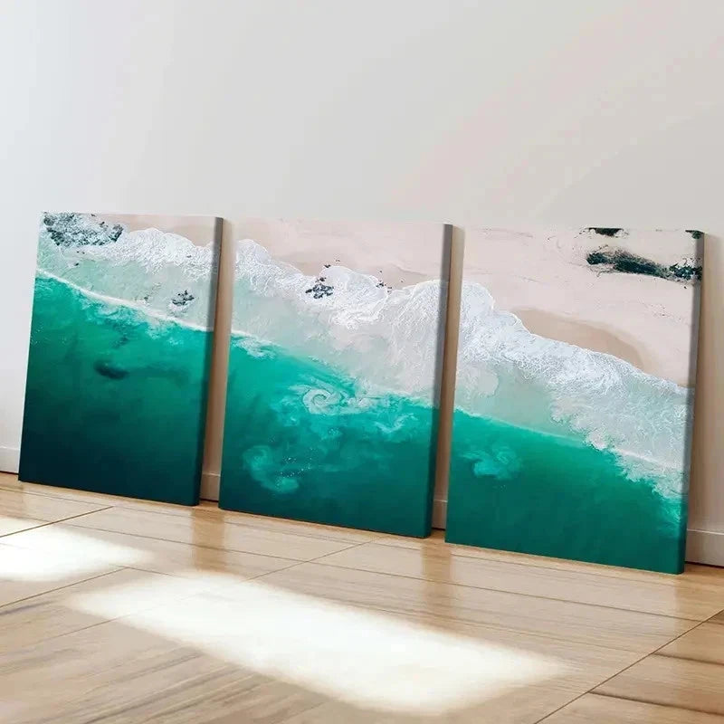 3pcs Turquoise Waves & Sandy Beach Wall Art Set Canvas Framed 60x90cm - High Quality Print 100% Australian Made Wall Canvas Ready to Hang - Bella Home Decor