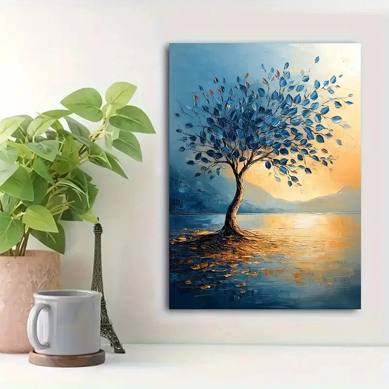 Beautiful Triple Sparse Blue Leaf Tree Painting 40x60cm Metal Print Ready to Hang - Bella Home Decor