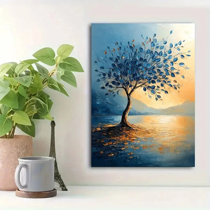 Beautiful Triple Sparse Blue Leaf Tree Painting 40x60cm Metal Print Ready to Hang - Bella Home Decor