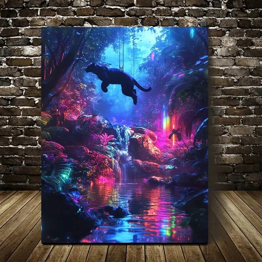 Cyberpunk Panther Jungle Painting 40x60cm Metal Print Ready to Hang - Bella Home Decor