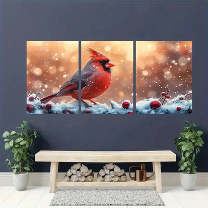 3pcs Vibrant Cardinal in Snowflakes & Berries Wall Art Set Canvas Framed 50x70cm - High Quality Print 100% Australian Made Wall Canvas Ready to Hang - Bella Home Decor
