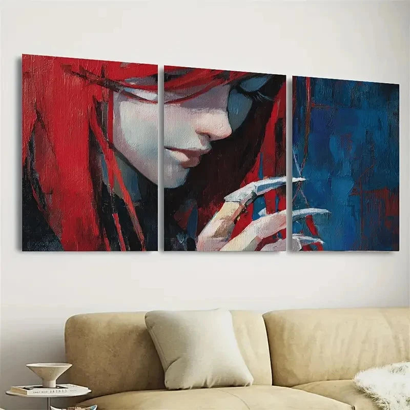 3pcs Anime Girl With Red Hair And Claws Art Wall Art Set Canvas Framed 60x90cm - High Quality Print 100% Australian Made Wall Canvas Ready to Hang - Bella Home Decor