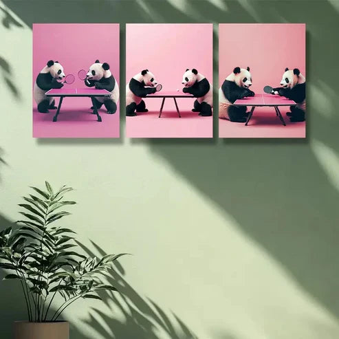 3pcs Adorable Panda Playing Table Tennis Wall Art Canvas Unframed - High Quality Print 100% Australian Made Wall Canvas - Bella Home Decor
