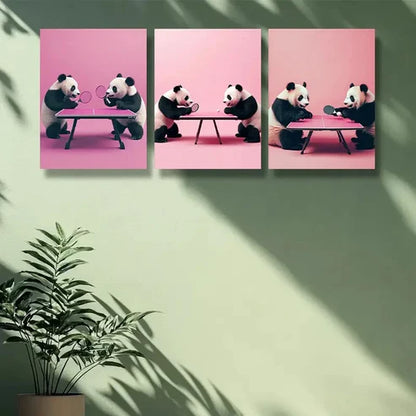 3pcs Adorable Panda Playing Table Tennis Wall Art Canvas Unframed - High Quality Print 100% Australian Made Wall Canvas - Bella Home Decor