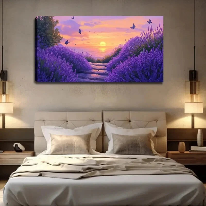Lavender Fields Sunset Scene Wall Art Canvas Office Home Room Framed 120x60cm - Bella Home Decor