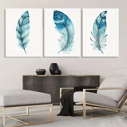 3pcs Blue Abstract Watercolor Feather  Wall Art Set Canvas Framed 50x70cm - High Quality Print 100% Australian Made Wall Canvas Ready to Hang - Bella Home Decor