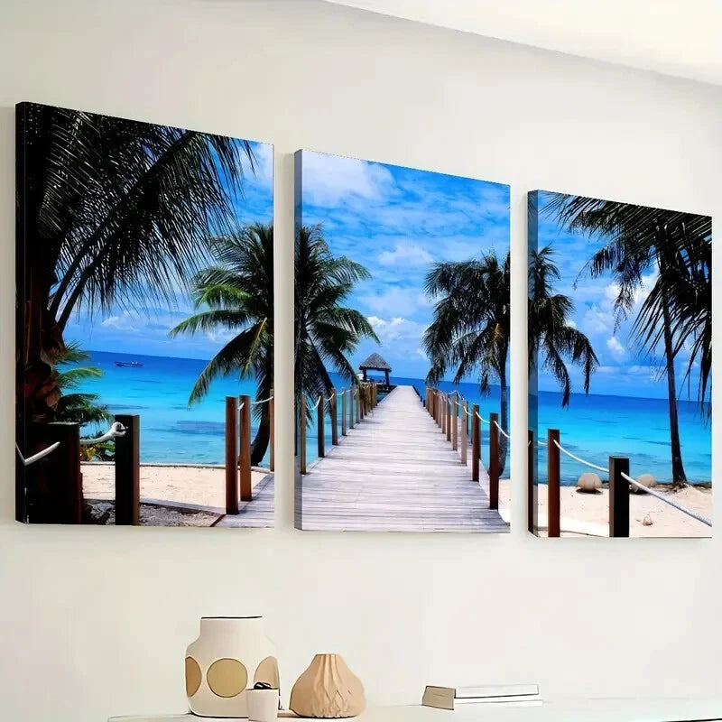 3pcs Beach Scenery with Wooden Bridges Perfect Wall Art Set Canvas Framed 40x60cm - High Quality Print 100% Australian Made Wall Canvas Ready to Hang