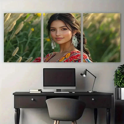3pcs Vibrant Floral Portrait Girl Perfect Wall Art Set Canvas Framed 50x70cm - High Quality Print 100% Australian Made Wall Canvas Ready to Hang