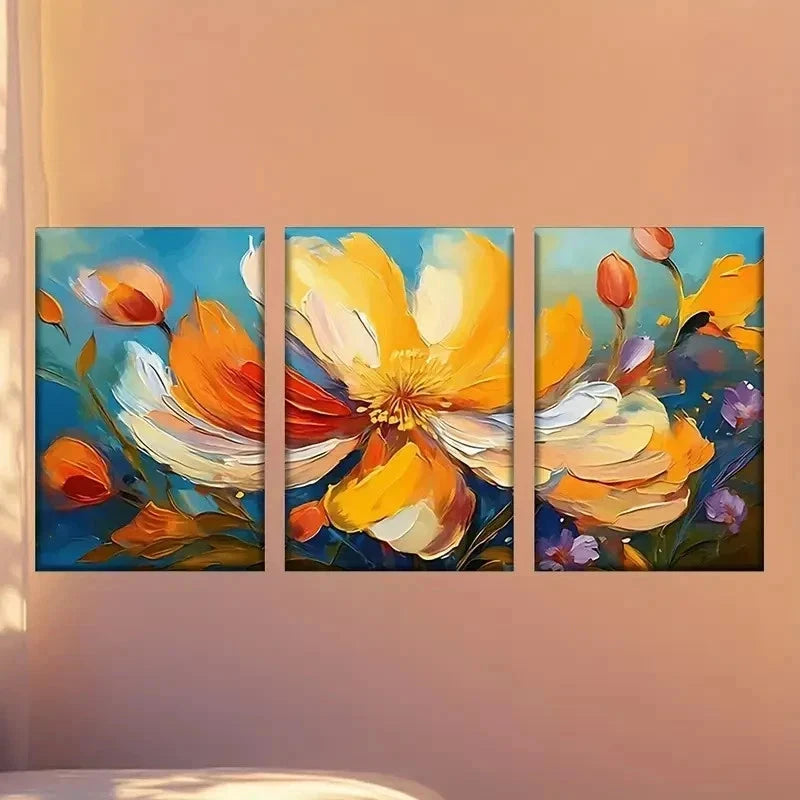 3pcs Flower Paintings with Blue Background  Wall Art Set Canvas Framed 60x90cm - High Quality Print 100% Australian Made Wall Canvas Ready to Hang - Bella Home Decor