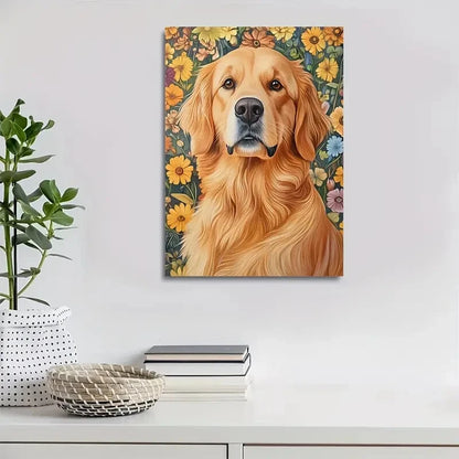 Golden Retriever Vibrant with Floral Painting 40x60cm Metal Print Ready to Hang