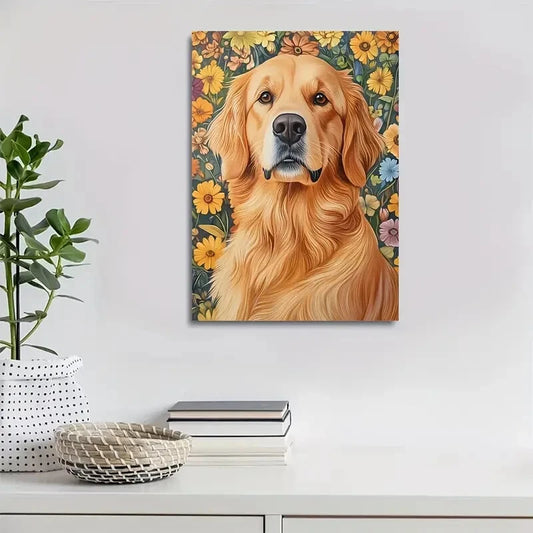 Golden Retriever Vibrant with Floral Painting 40x60cm Metal Print Ready to Hang
