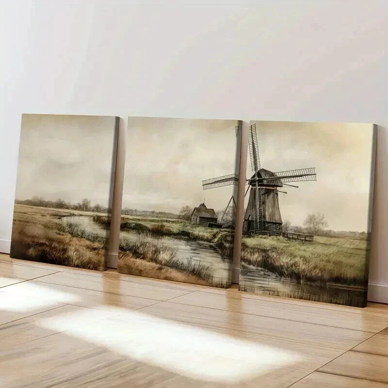 3pcs Windmill Landscape Artwork Rustic Farmhouse Wall Art Set Canvas Framed 50x70cm - High Quality Print 100% Australian Made Wall Canvas Ready to Hang - Bella Home Decor