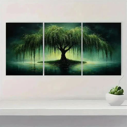 3pcs Weeping Willow Tree Art Moody Green Wall Art Set Canvas Unframed - High Quality Print 100% Australian Made Wall Canvas