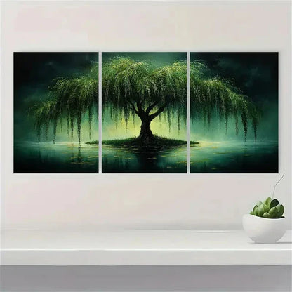 3pcs Weeping Willow Tree Art Moody Green Wall Art Set Canvas Unframed - High Quality Print 100% Australian Made Wall Canvas