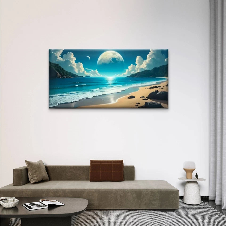 Beach Scene Moon Blue Perfect Wall Art Canvas Office Home Room Framed 120x60cm