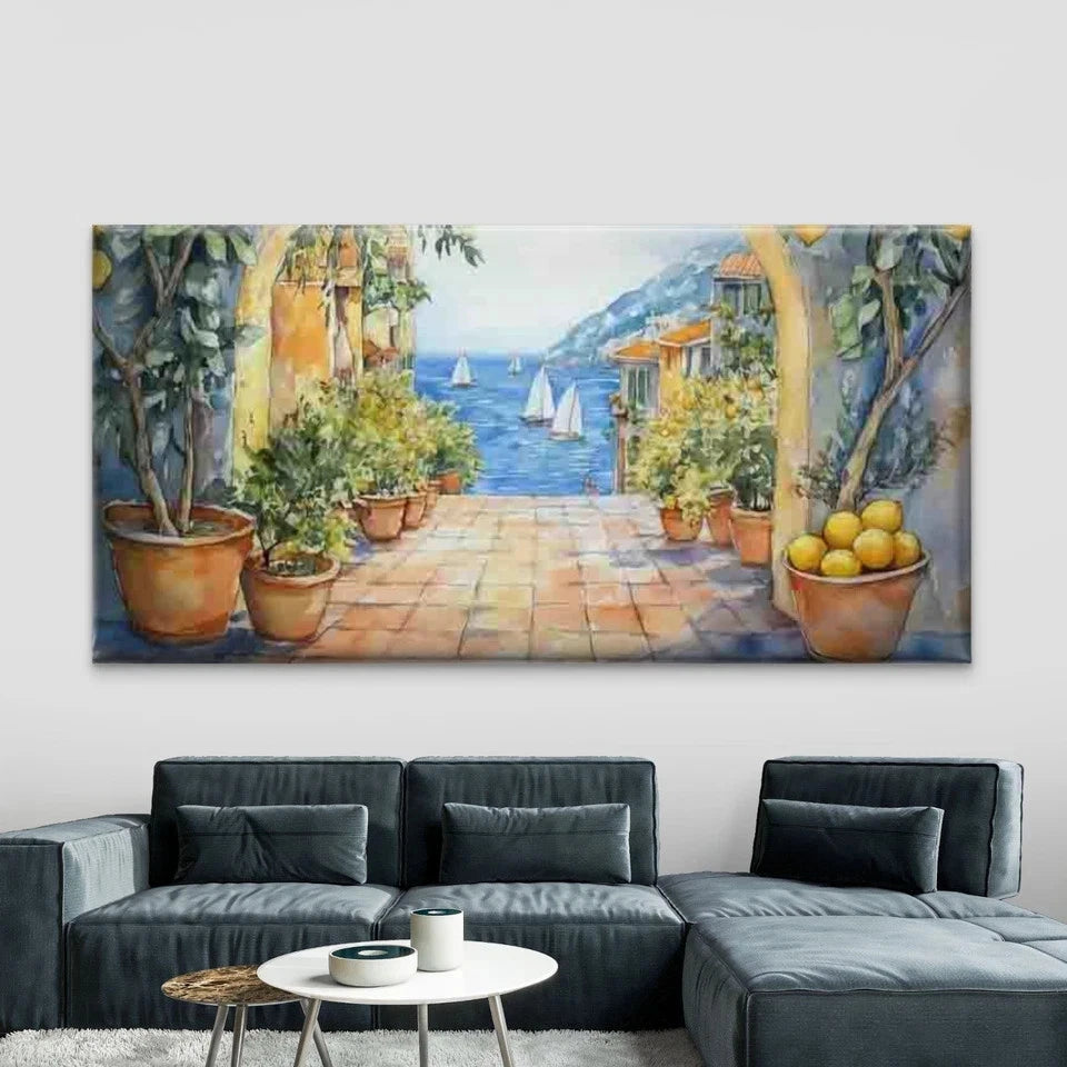 Mediterranean Seaside Lemon Wall Art Canvas Office Home Room Framed 120x60cm