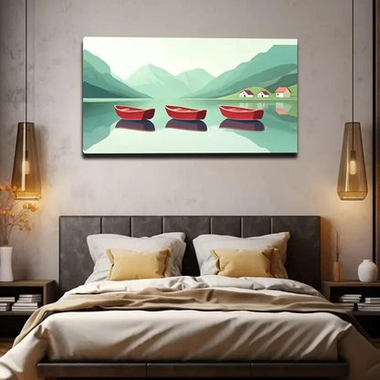 Serene Red Boats on Calm Lake Wall Art Canvas Office Home Room Framed 120x60cm - Bella Home Decor