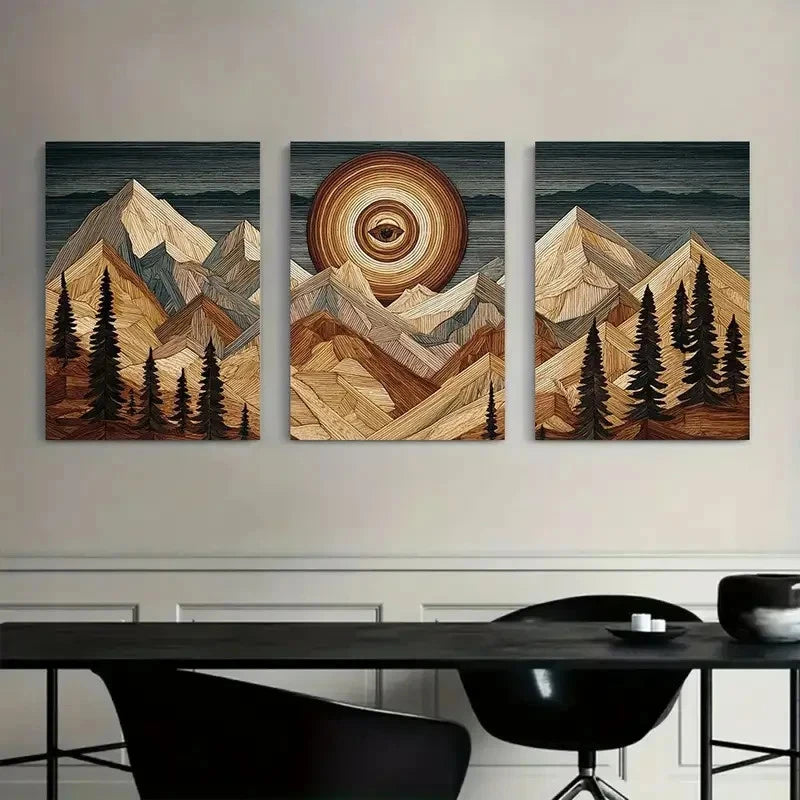 3pcs Abstract Mountain and Sunset Landscape Metal Print Ready to Hang Art - Bella Home Decor