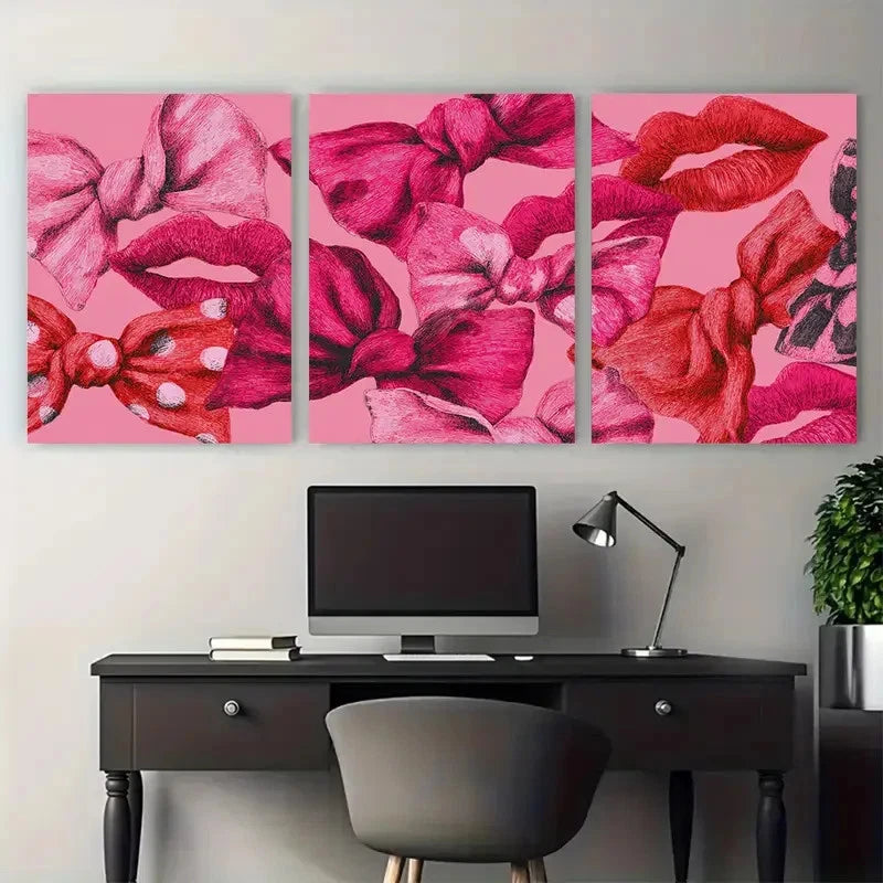 3pcs Girly Coquette Bows Retro Kiss Lips Prefect Wall Art Set Canvas Framed 40x60cm - High Quality Print 100% Australian Made Wall Canvas Ready to Hang - Bella Home Decor