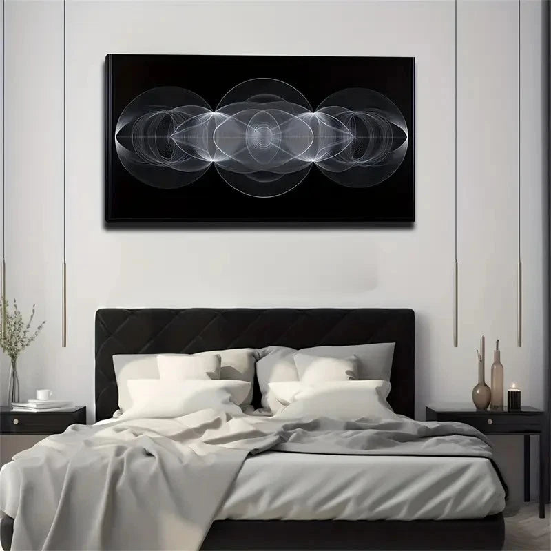 Black & White Line Circular Wall Art Canvas Office Home Room Framed 120x60cm