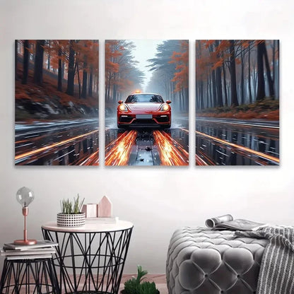 3pcs A Red Sports Car's Autumn Drive Wall Art Set Canvas Framed 40x60cm - High Quality Print 100% Australian Made Wall Canvas Ready to Hang - Bella Home Decor