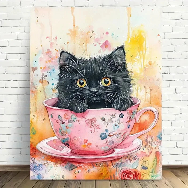 Beautiful Teacup Kitten Modern Vintage Floral 40x60cm Metal Print Ready to Hang - Bella Home Decor