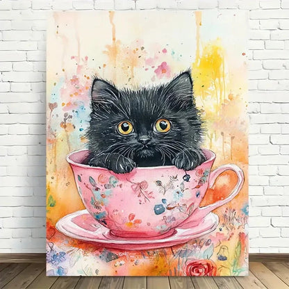 Beautiful Teacup Kitten Modern Vintage Floral 40x60cm Metal Print Ready to Hang - Bella Home Decor