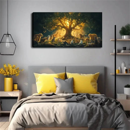Animal Gathering Scene Fantasy Wall Art Canvas Office Home Room Framed 120x60cm