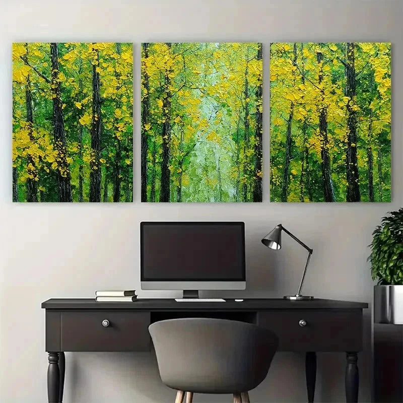 3pcs Large Green Forest Yellow Leaves Perfect Wall Art Set Canvas Framed 50x70cm - High Quality Print 100% Australian Made Wall Canvas Ready to Hang