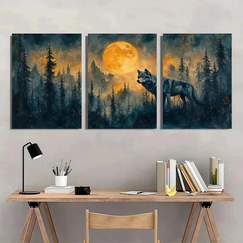 3pcs Full Moon Wolf Contemporary Perfect Wall Art Set Canvas Framed 50x70cm - High Quality Print 100% Australian Made Wall Canvas Ready to Hang - Bella Home Decor