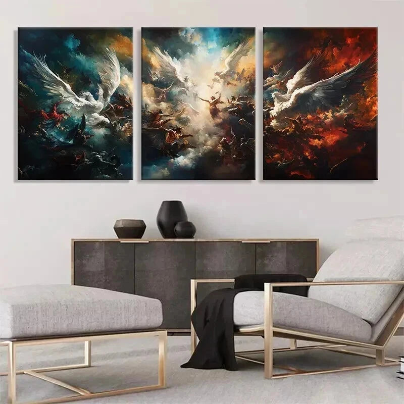 3pcs Epic Battle of Angels and Demon Perfect Wall Art Set Canvas Framed 50x70cm - High Quality Print 100% Australian Made Wall Canvas Ready to Hang