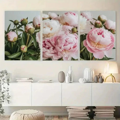 3pcs Pink Peony Flowers Greenery, Soft Pastel Wall Art Set Canvas Unframed - High Quality Print 100% Australian Made Wall Canvas