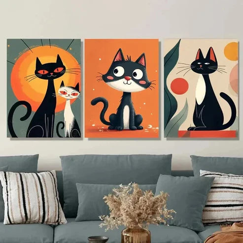 3pcs Charming Cat Animal Lovers Black Wall Art Canvas Unframed - High Quality Print 100% Australian Made Wall Canvas - Bella Home Decor